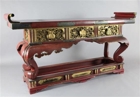 A Japanese red and gilt lacquer altar table, late 19th century, W.183cm